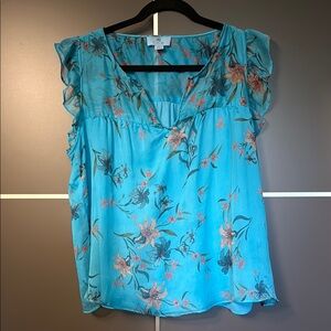 CeCe Ruffled Cap Sleeve Blouse in Blue and Pink